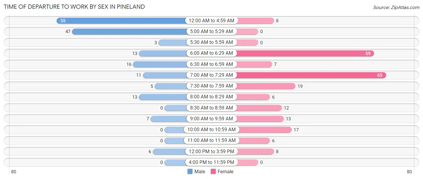 Time of Departure to Work by Sex in Pineland