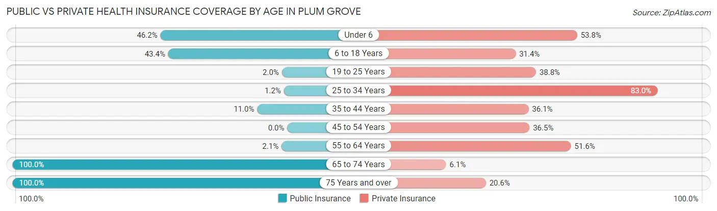 Public vs Private Health Insurance Coverage by Age in Plum Grove