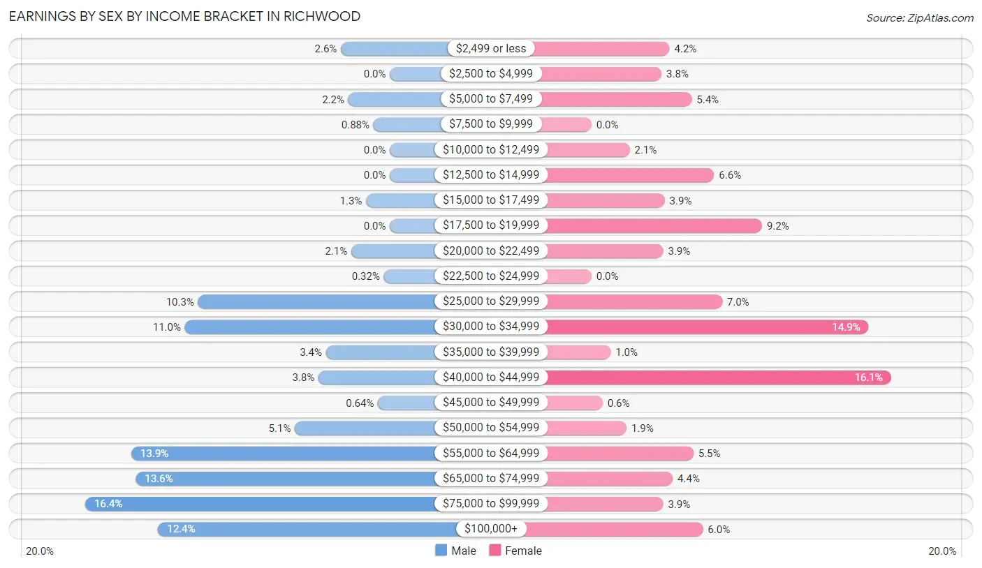 Earnings by Sex by Income Bracket in Richwood