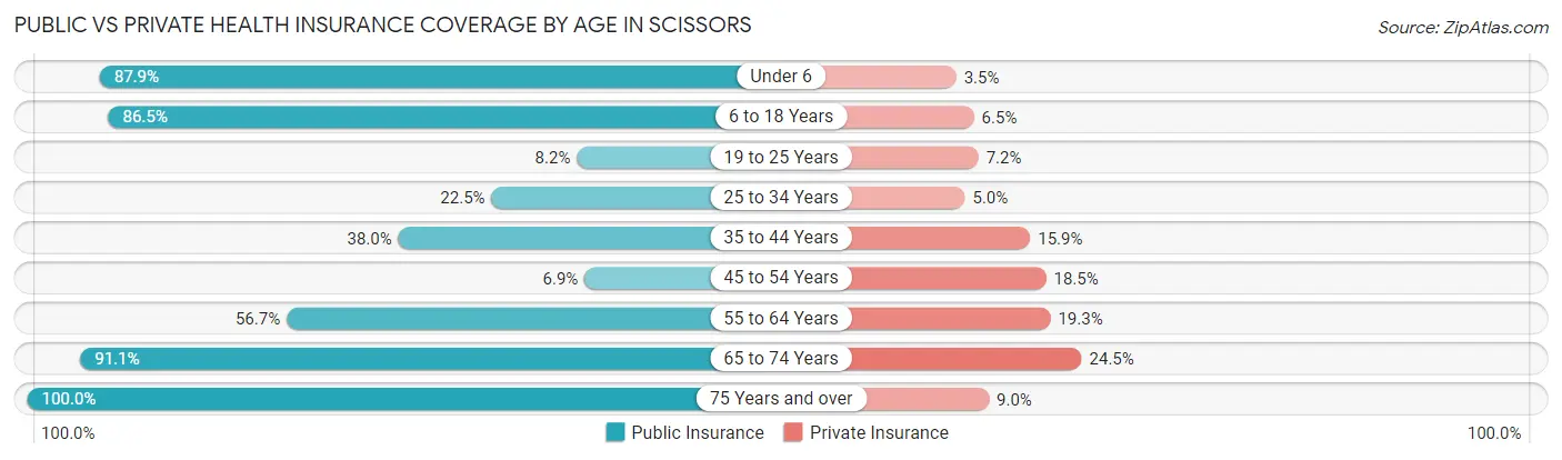 Public vs Private Health Insurance Coverage by Age in Scissors