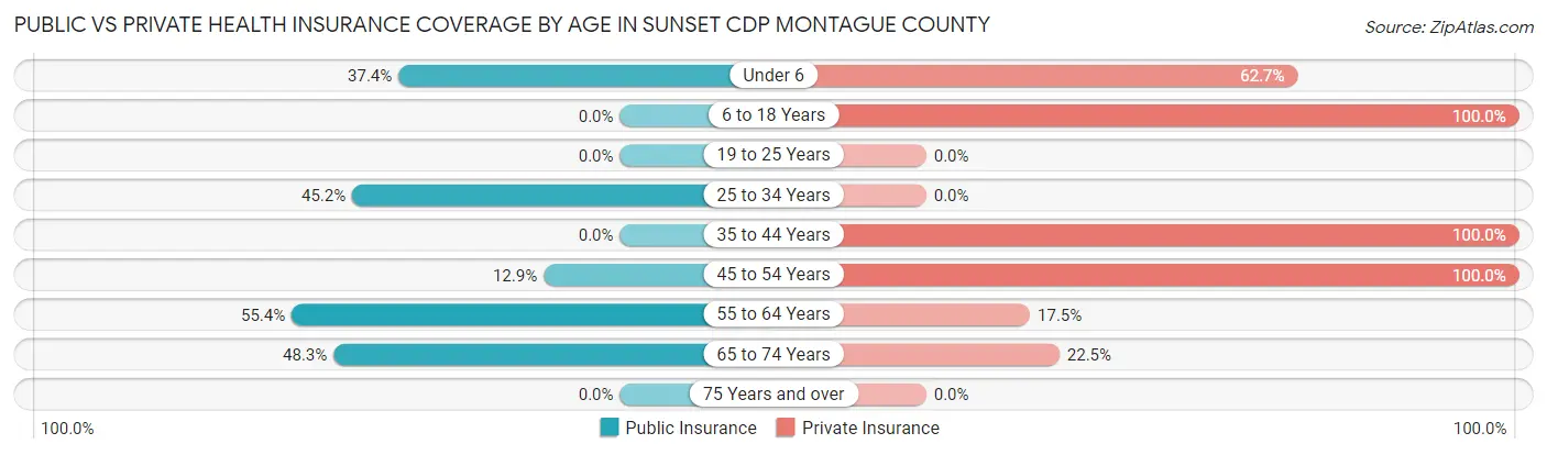 Public vs Private Health Insurance Coverage by Age in Sunset CDP Montague County