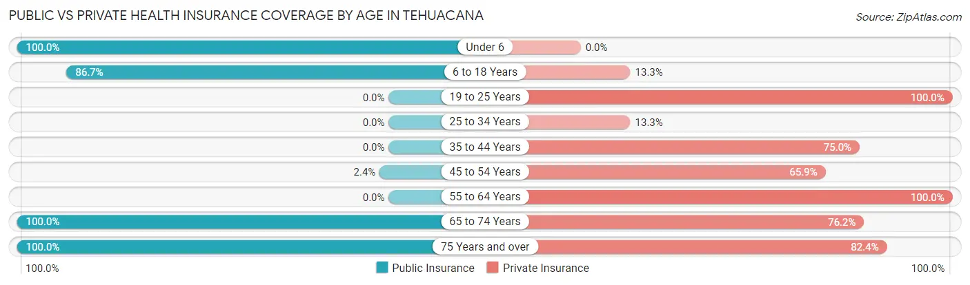 Public vs Private Health Insurance Coverage by Age in Tehuacana