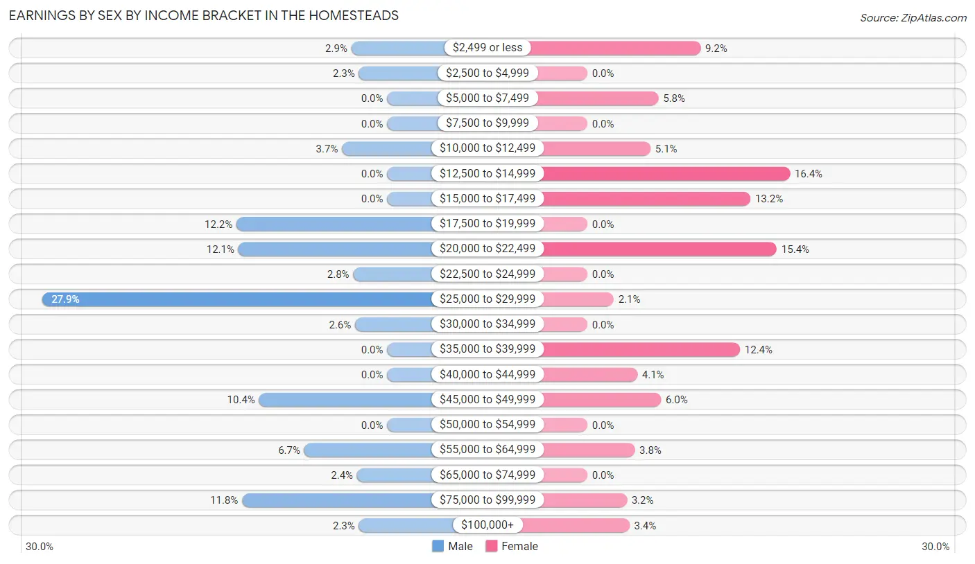 Earnings by Sex by Income Bracket in The Homesteads