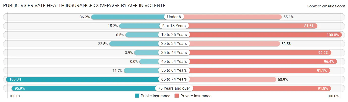 Public vs Private Health Insurance Coverage by Age in Volente