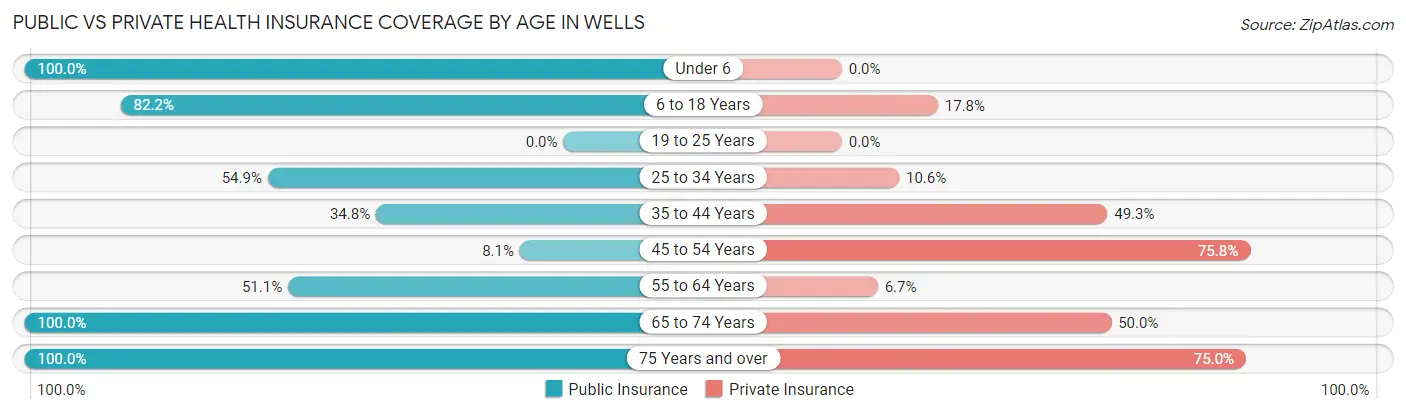 Public vs Private Health Insurance Coverage by Age in Wells