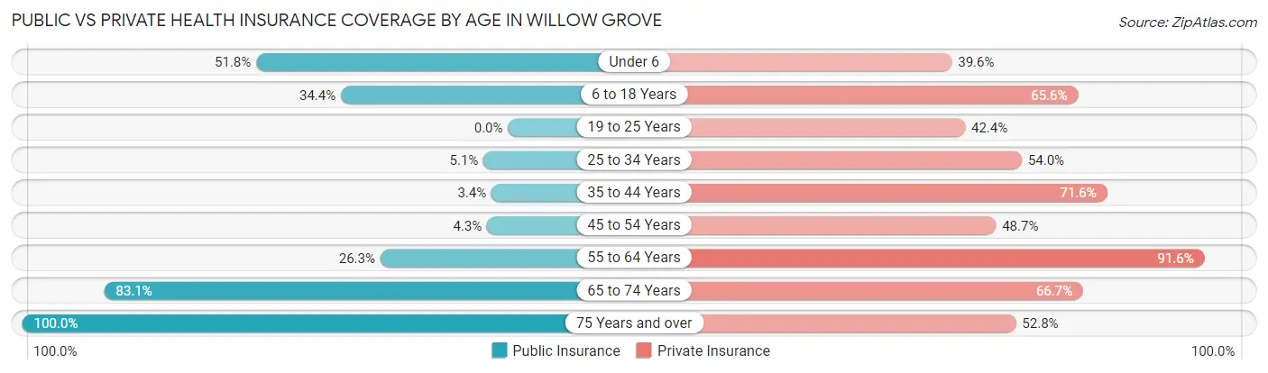Public vs Private Health Insurance Coverage by Age in Willow Grove