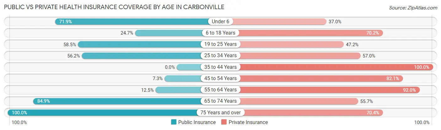 Public vs Private Health Insurance Coverage by Age in Carbonville