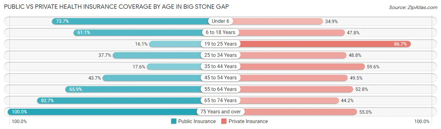 Public vs Private Health Insurance Coverage by Age in Big Stone Gap