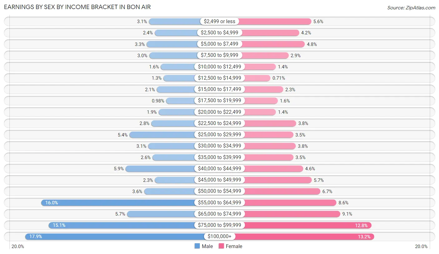 Earnings by Sex by Income Bracket in Bon Air