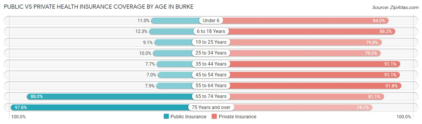 Public vs Private Health Insurance Coverage by Age in Burke