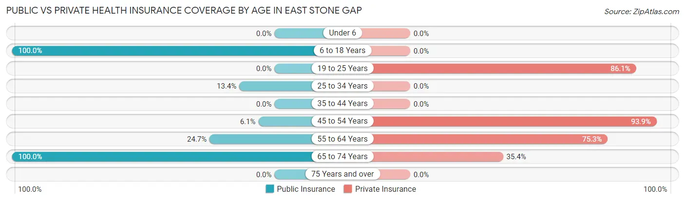 Public vs Private Health Insurance Coverage by Age in East Stone Gap