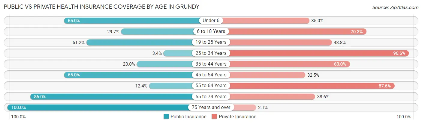 Public vs Private Health Insurance Coverage by Age in Grundy