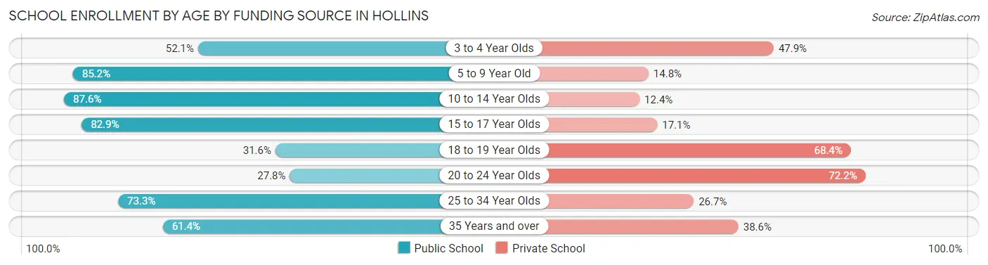 School Enrollment by Age by Funding Source in Hollins