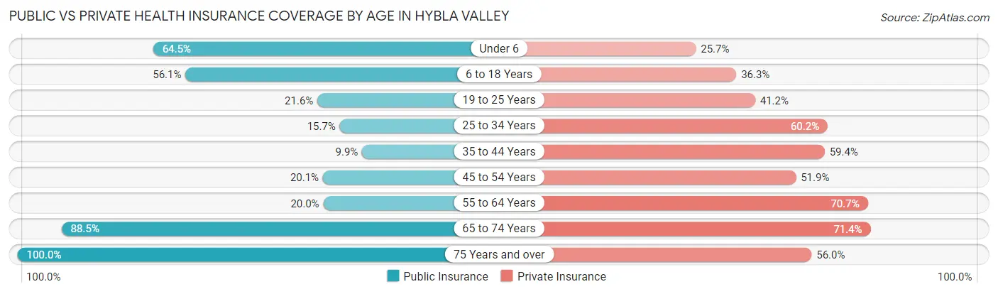 Public vs Private Health Insurance Coverage by Age in Hybla Valley