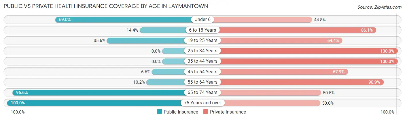 Public vs Private Health Insurance Coverage by Age in Laymantown
