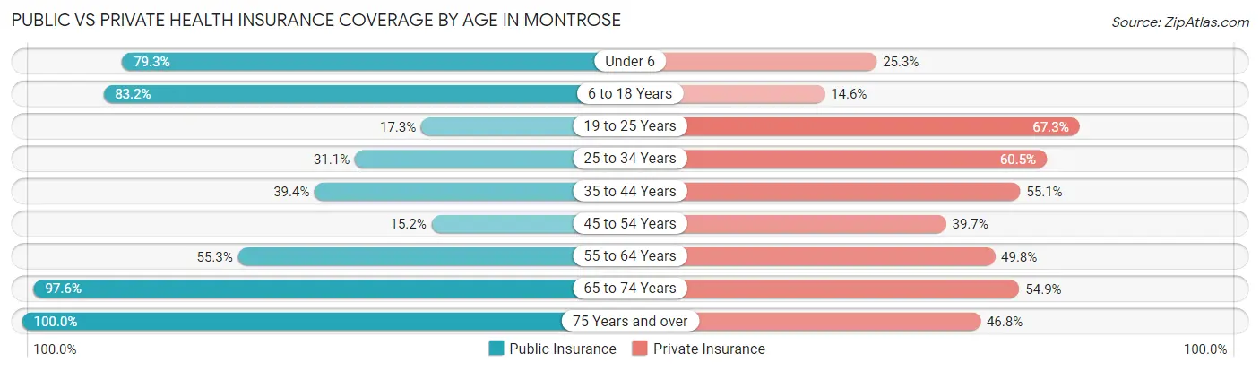 Public vs Private Health Insurance Coverage by Age in Montrose