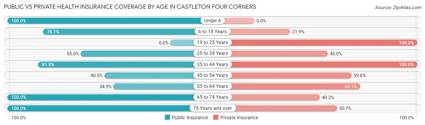 Public vs Private Health Insurance Coverage by Age in Castleton Four Corners