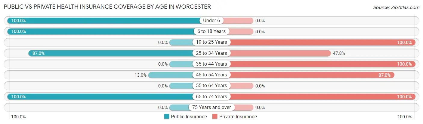 Public vs Private Health Insurance Coverage by Age in Worcester