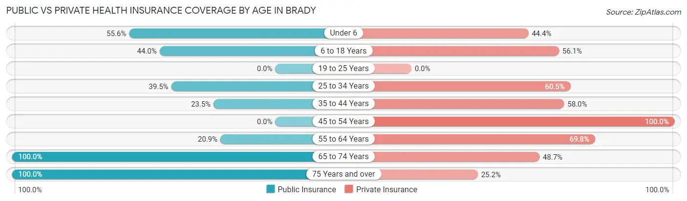 Public vs Private Health Insurance Coverage by Age in Brady