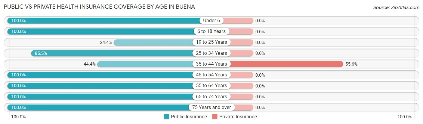 Public vs Private Health Insurance Coverage by Age in Buena