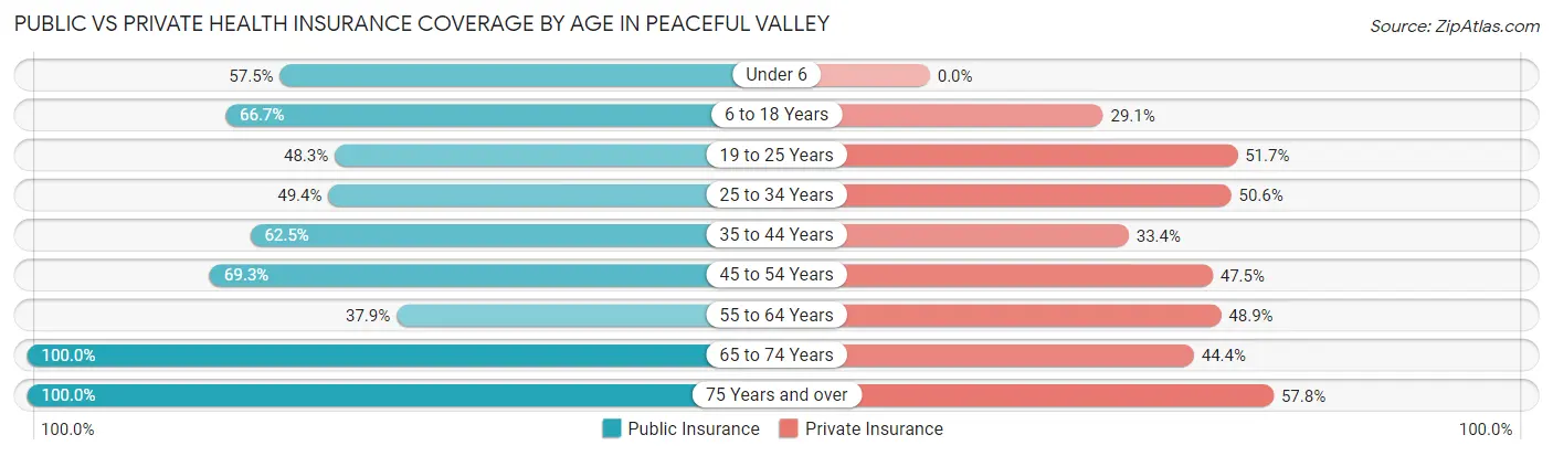 Public vs Private Health Insurance Coverage by Age in Peaceful Valley