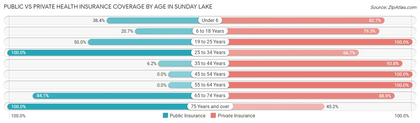Public vs Private Health Insurance Coverage by Age in Sunday Lake