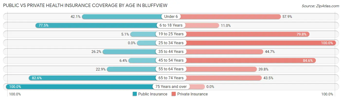 Public vs Private Health Insurance Coverage by Age in Bluffview