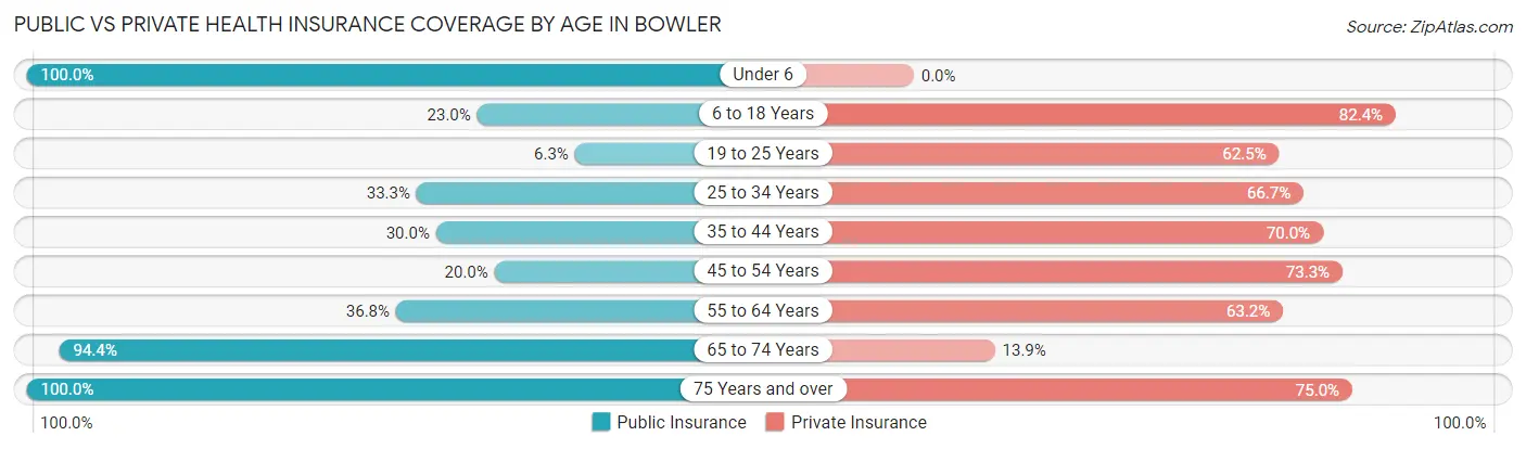 Public vs Private Health Insurance Coverage by Age in Bowler