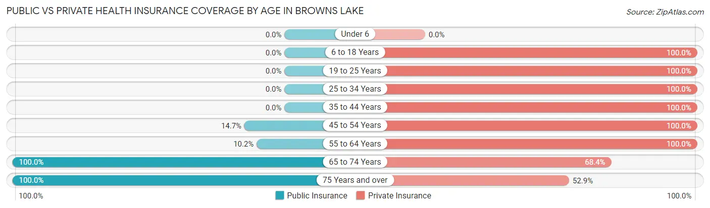 Public vs Private Health Insurance Coverage by Age in Browns Lake