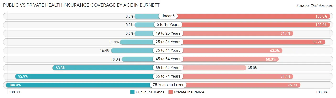 Public vs Private Health Insurance Coverage by Age in Burnett