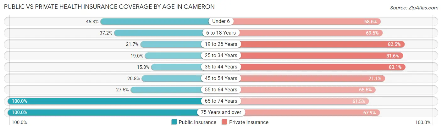 Public vs Private Health Insurance Coverage by Age in Cameron