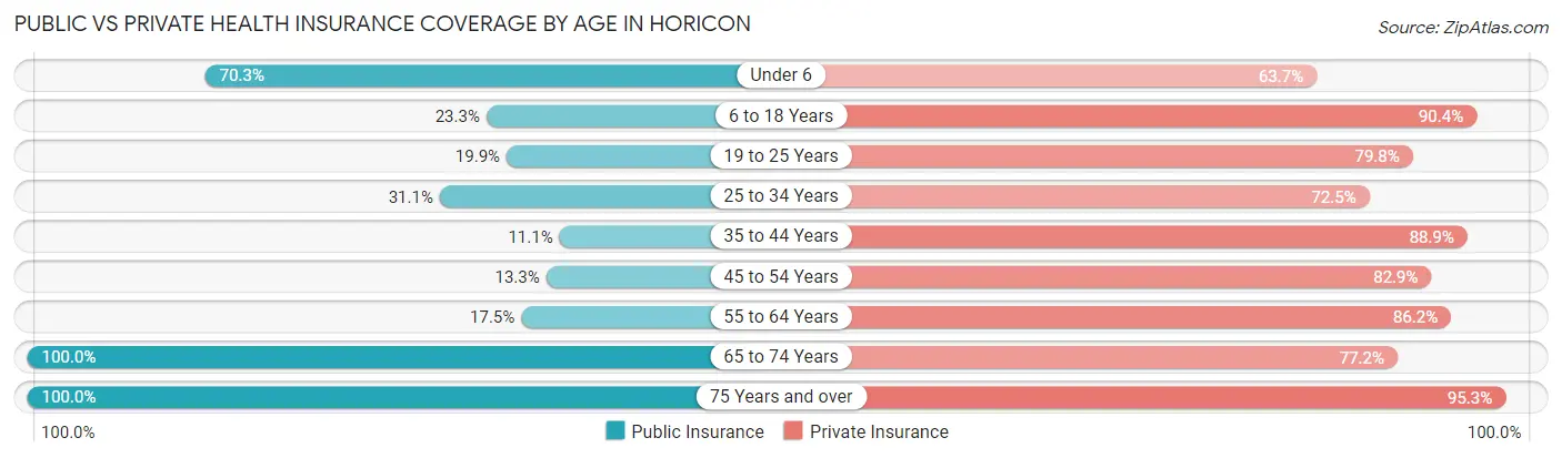 Public vs Private Health Insurance Coverage by Age in Horicon