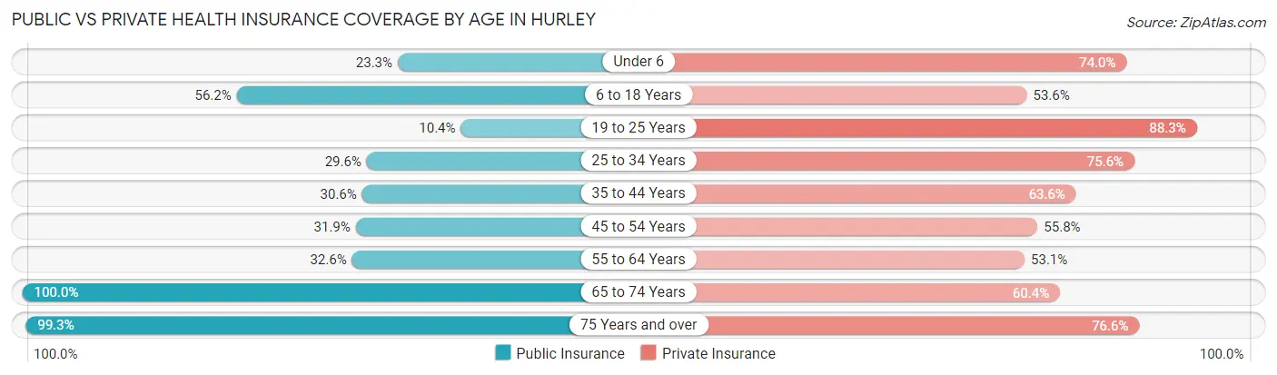 Public vs Private Health Insurance Coverage by Age in Hurley