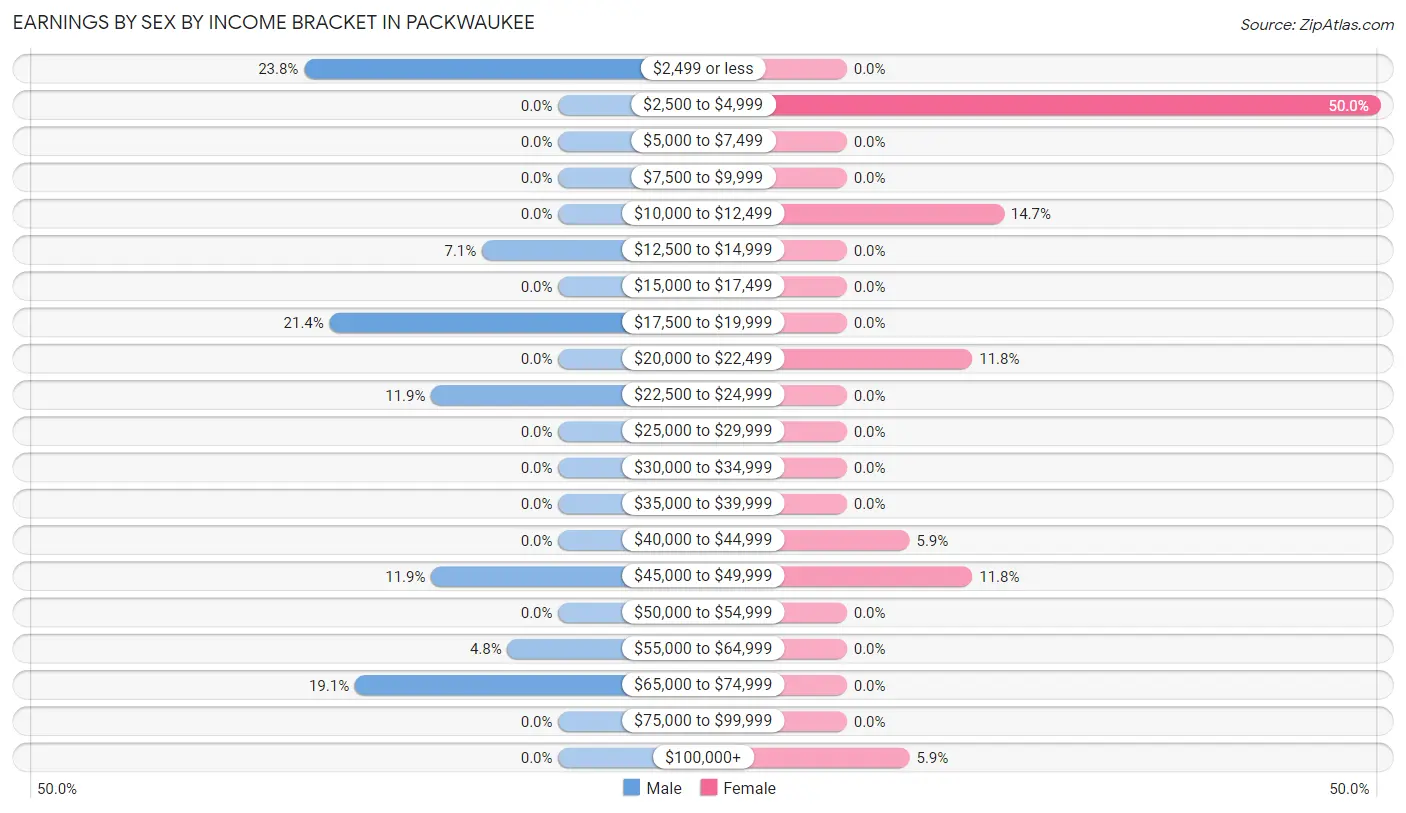 Earnings by Sex by Income Bracket in Packwaukee