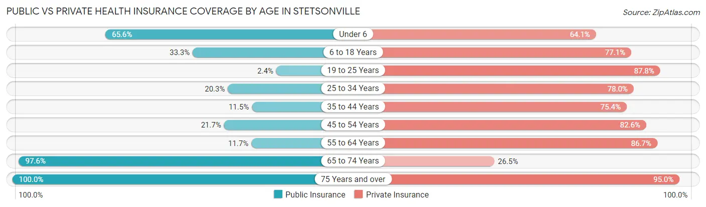 Public vs Private Health Insurance Coverage by Age in Stetsonville