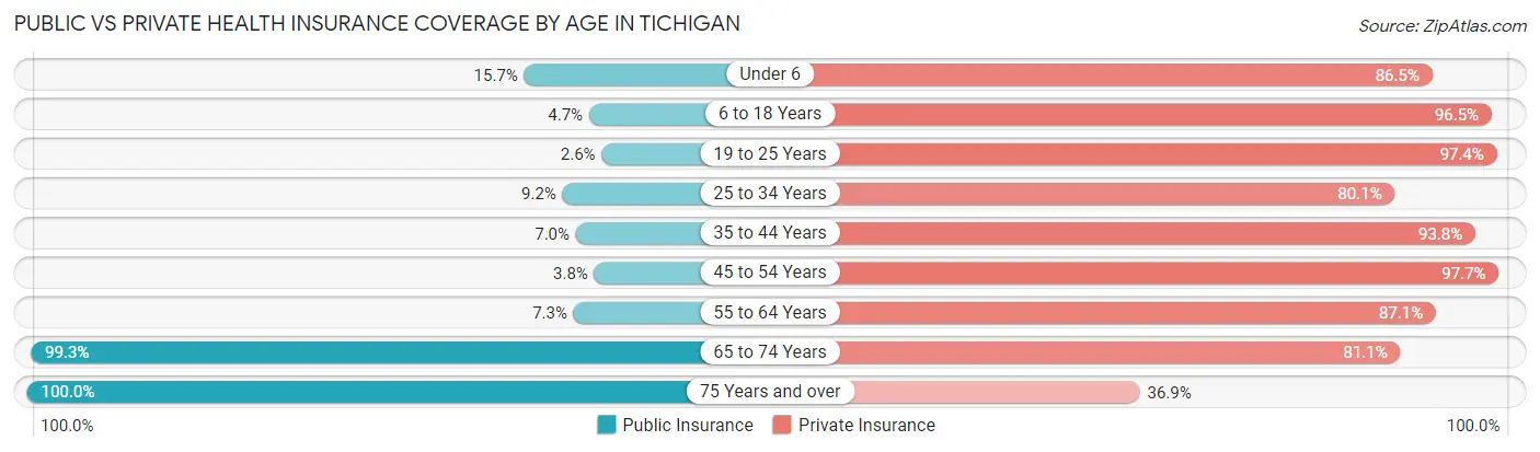 Public vs Private Health Insurance Coverage by Age in Tichigan