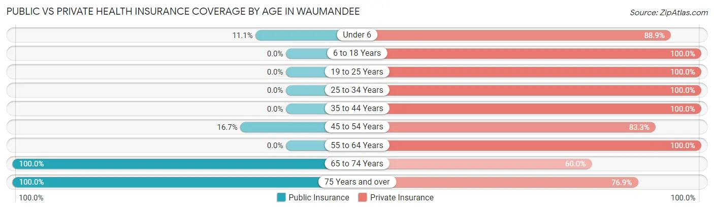 Public vs Private Health Insurance Coverage by Age in Waumandee