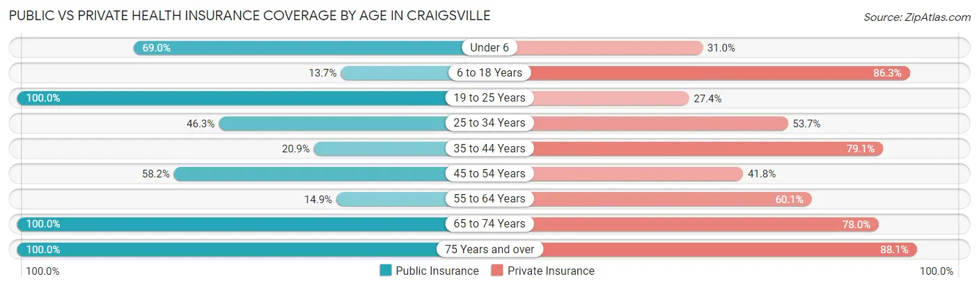 Public vs Private Health Insurance Coverage by Age in Craigsville