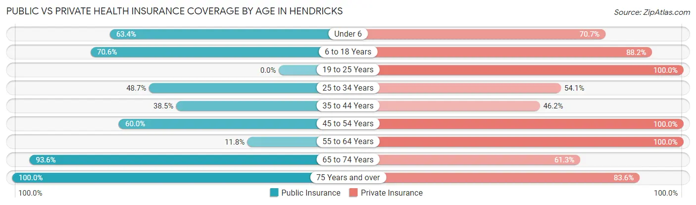 Public vs Private Health Insurance Coverage by Age in Hendricks