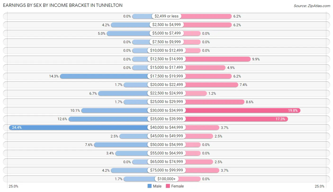 Earnings by Sex by Income Bracket in Tunnelton