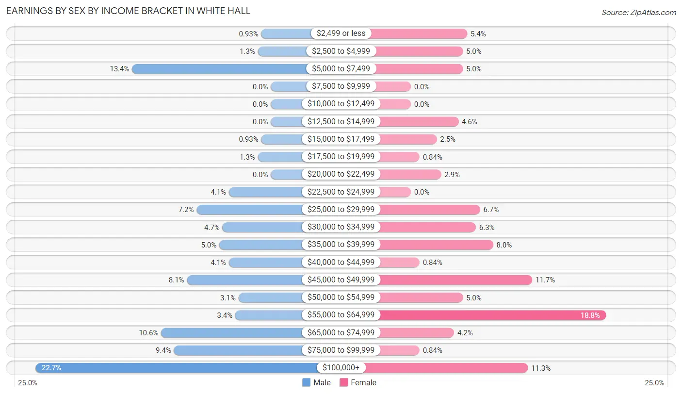Earnings by Sex by Income Bracket in White Hall