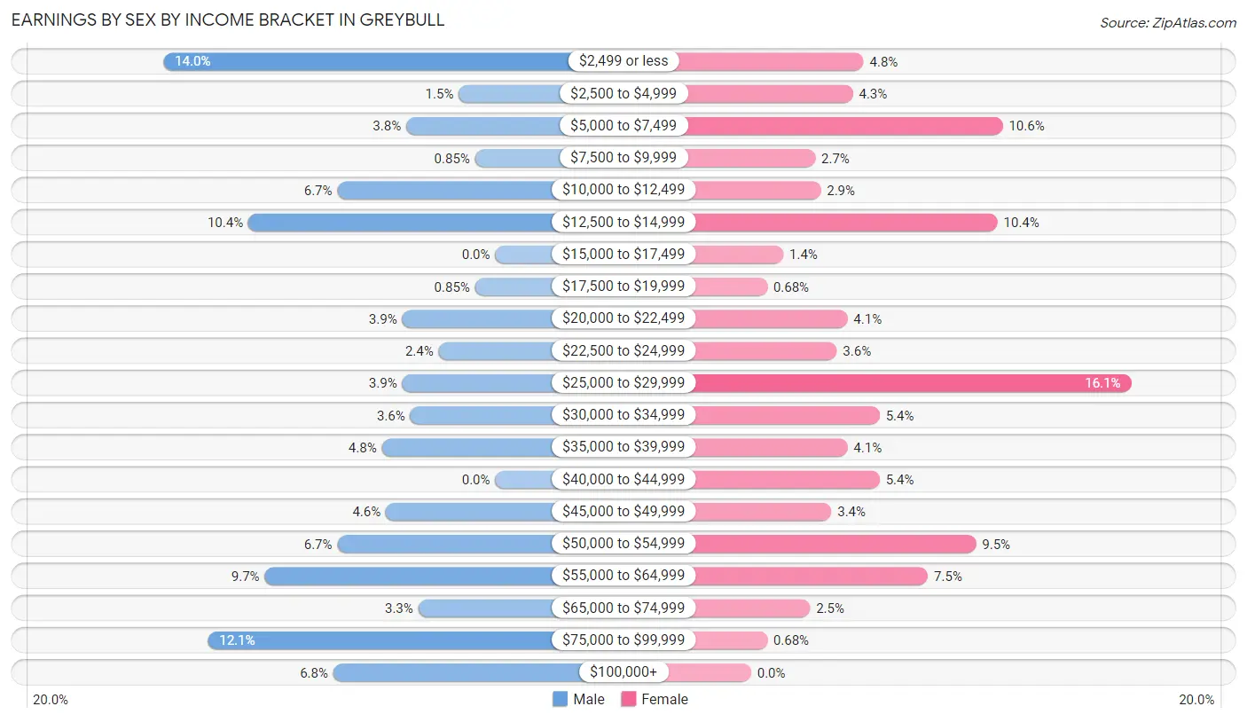 Earnings by Sex by Income Bracket in Greybull