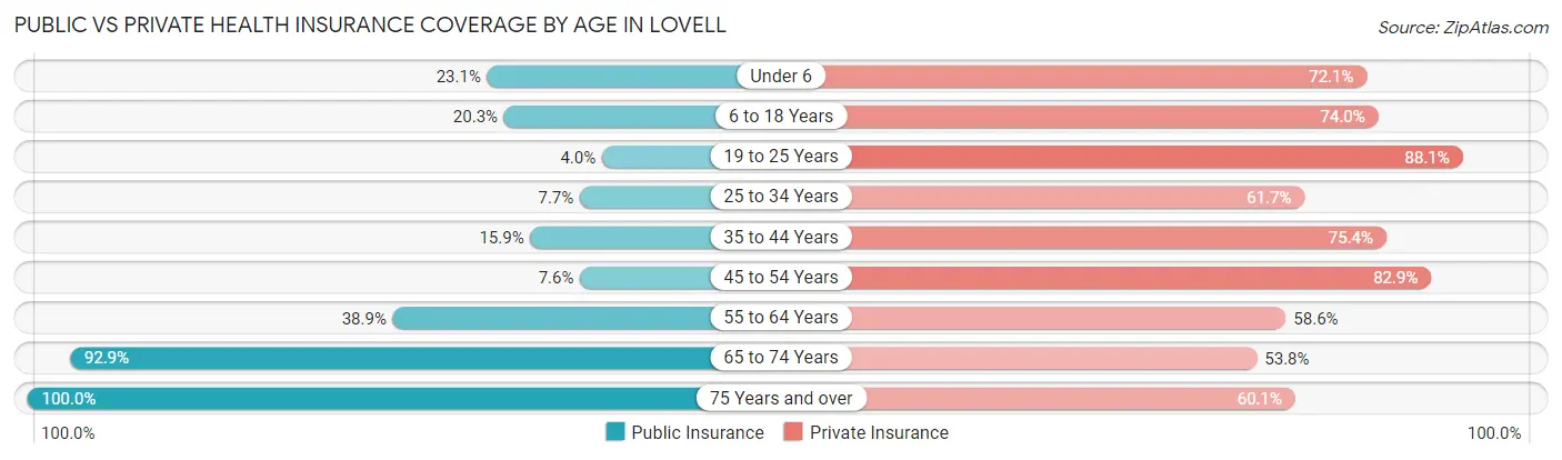 Public vs Private Health Insurance Coverage by Age in Lovell