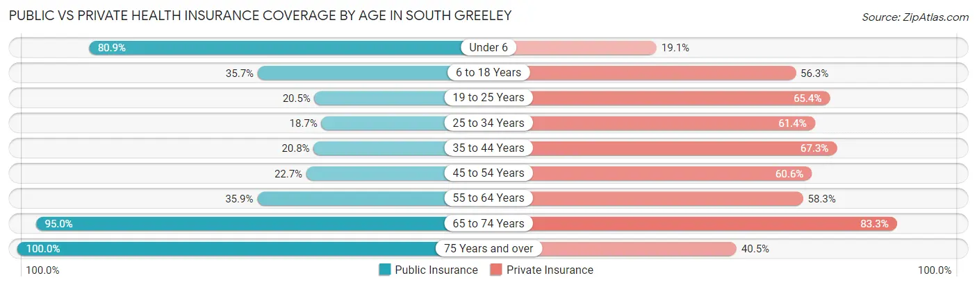 Public vs Private Health Insurance Coverage by Age in South Greeley