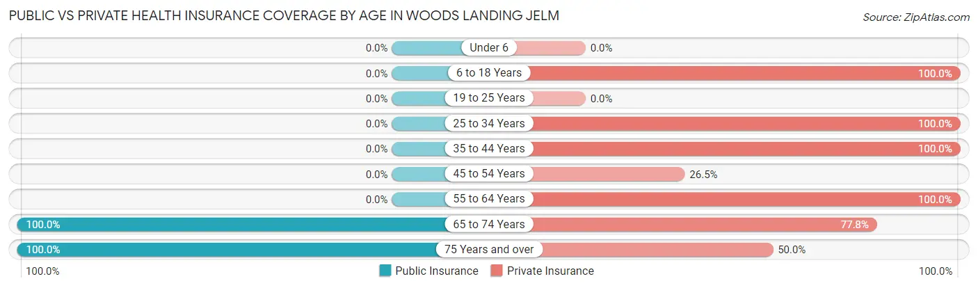 Public vs Private Health Insurance Coverage by Age in Woods Landing Jelm