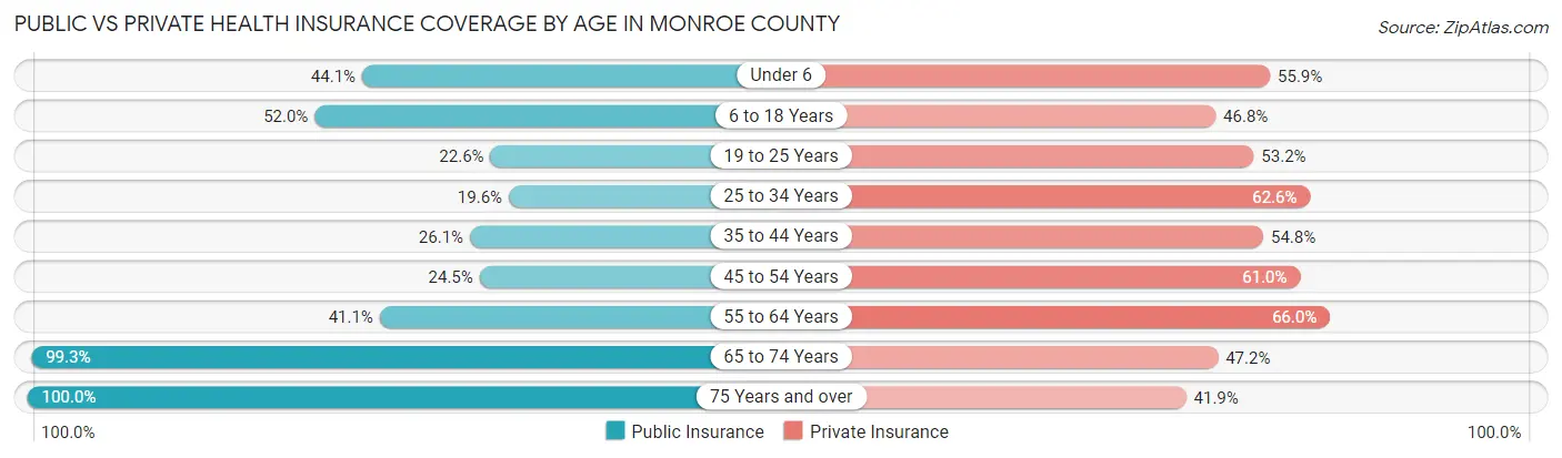 Public vs Private Health Insurance Coverage by Age in Monroe County