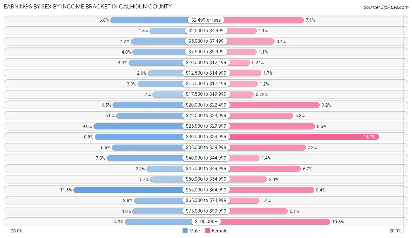 Earnings by Sex by Income Bracket in Calhoun County