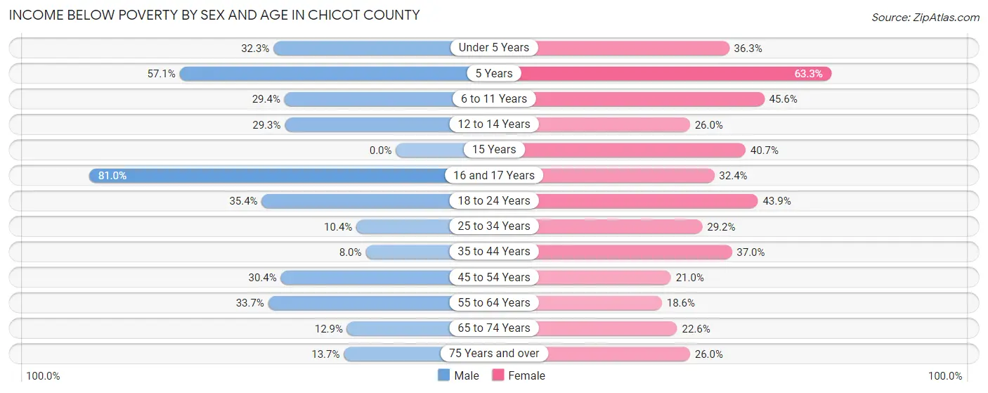 Income Below Poverty by Sex and Age in Chicot County