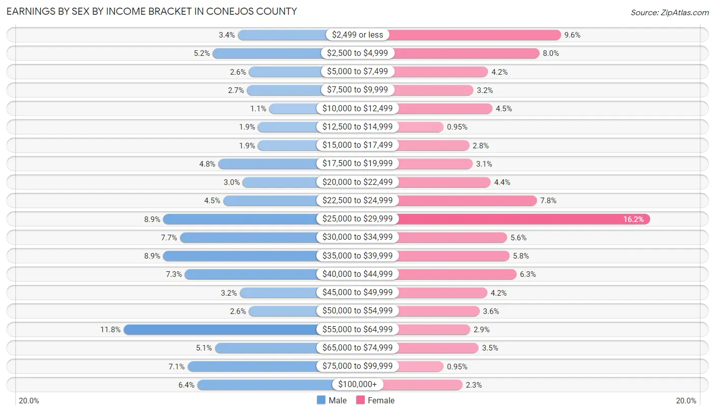 Earnings by Sex by Income Bracket in Conejos County