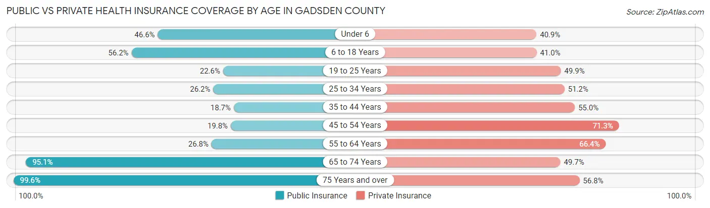 Public vs Private Health Insurance Coverage by Age in Gadsden County